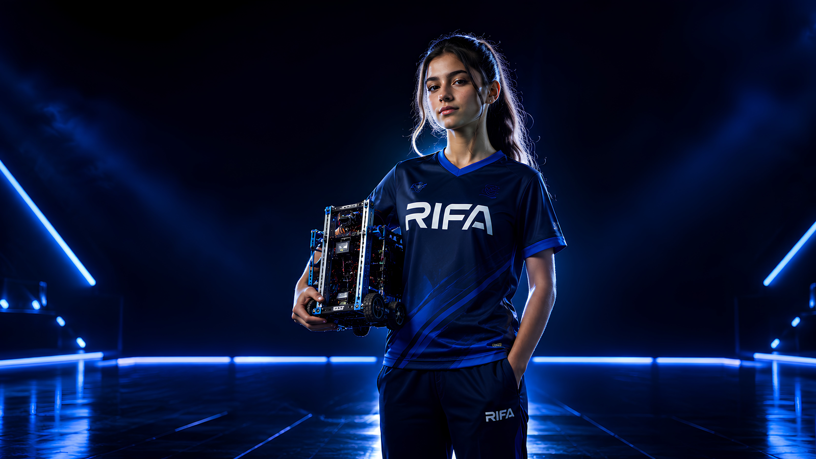 A RIFA competitor holding her team's robot on the arena floor