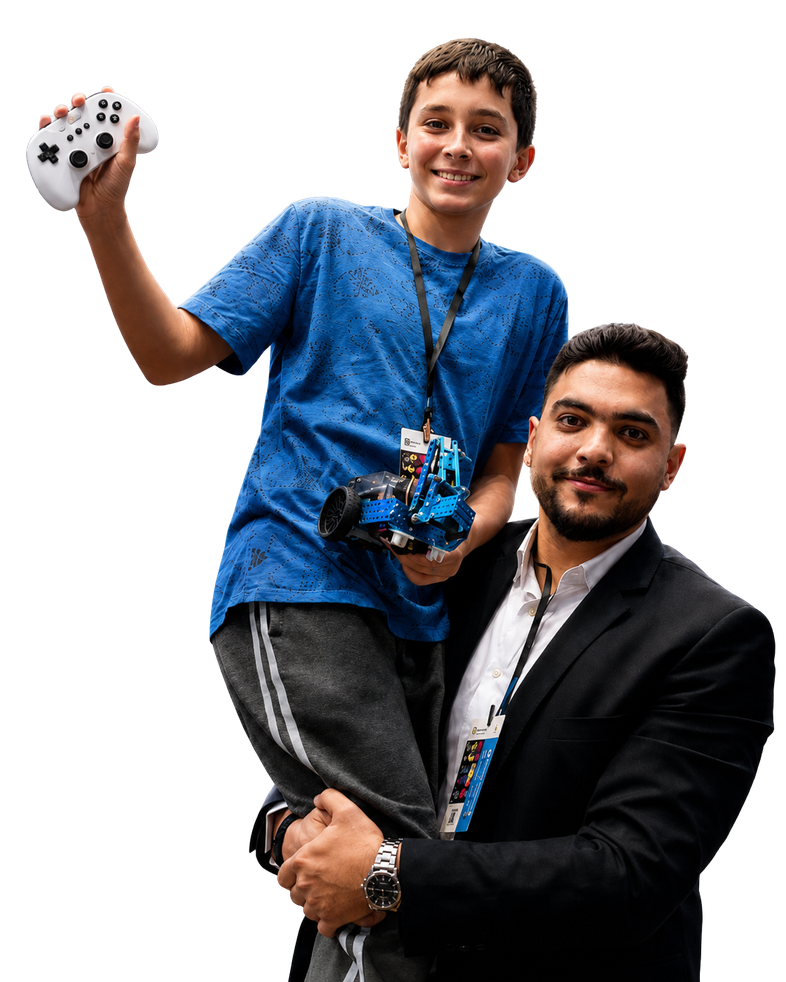 Student and coach celebrating with robot and controller
